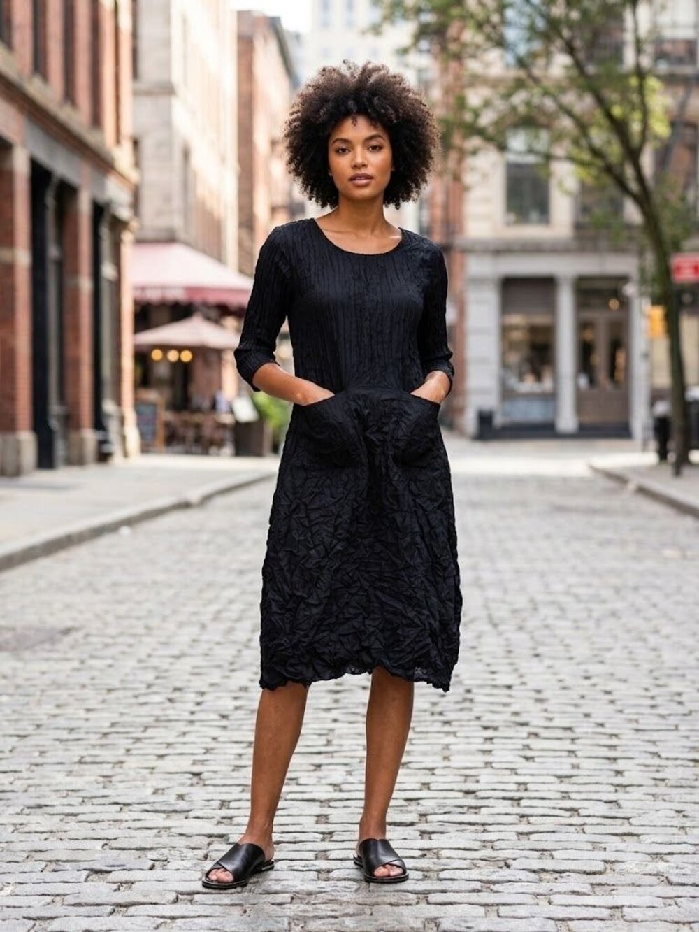 Alquema Australia Smash Pocket Dress Black Pleated Midi 3/4 Sleeve Size 2 Large